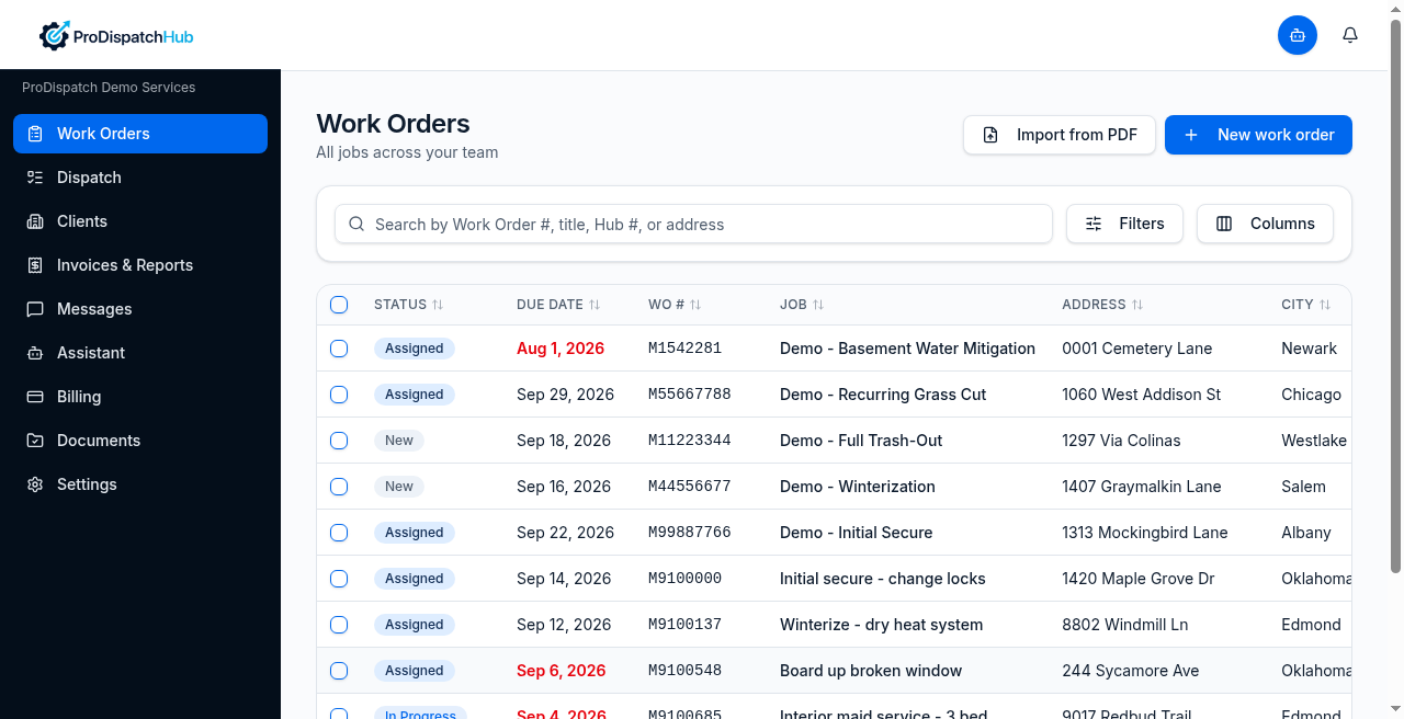 Work Orders with Import from PDF beside New work order