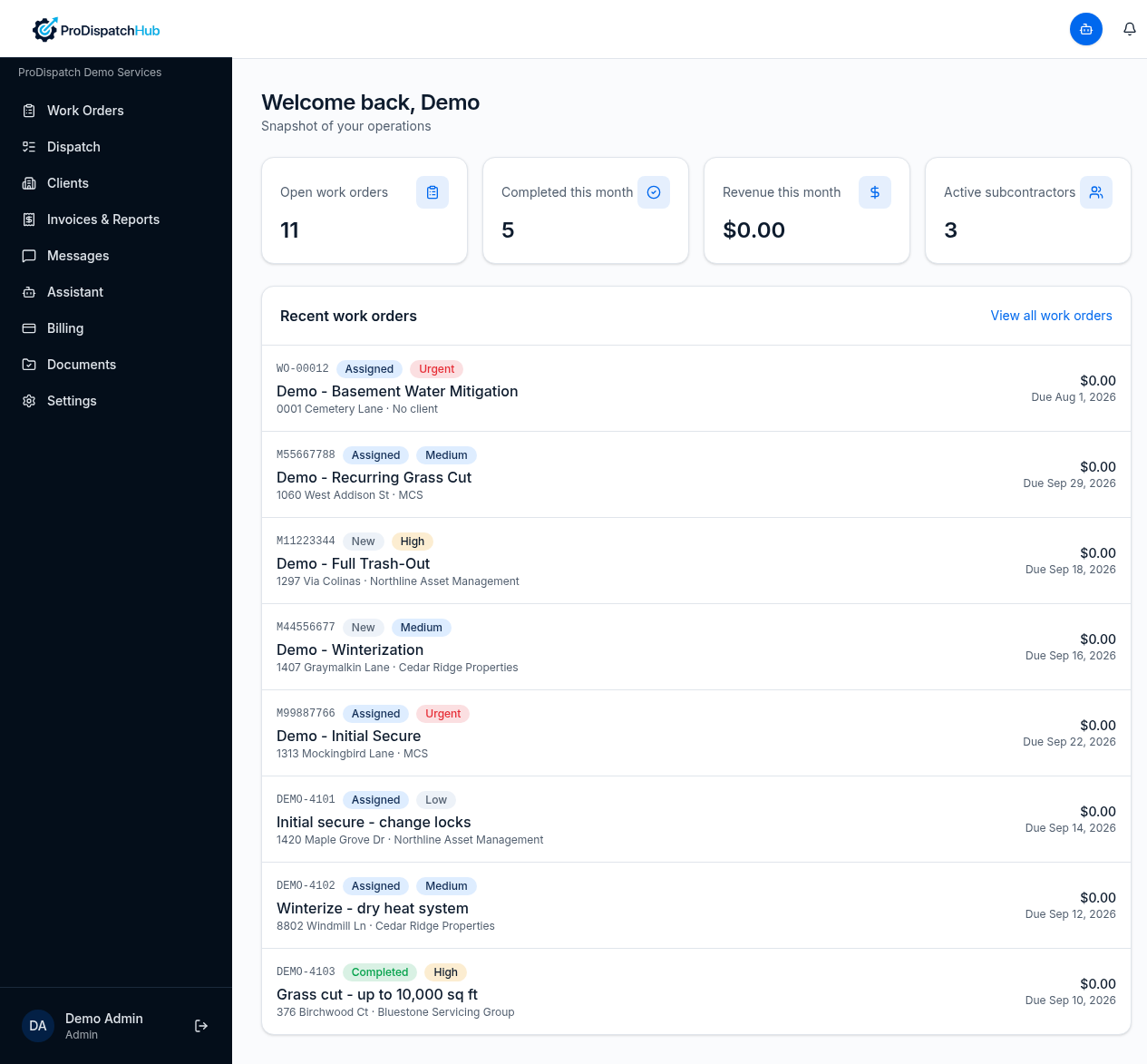 Office dashboard — work orders, revenue, and recent jobs