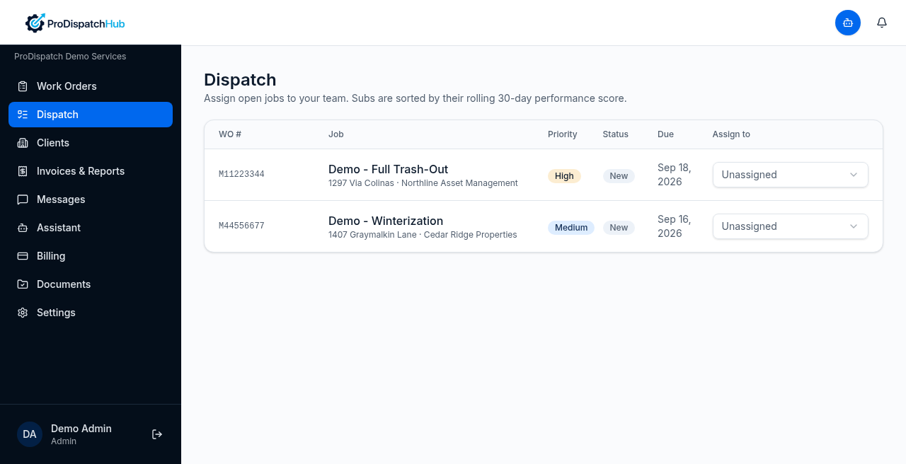 ProDispatchHub dispatch board with assign dropdowns and priority badges