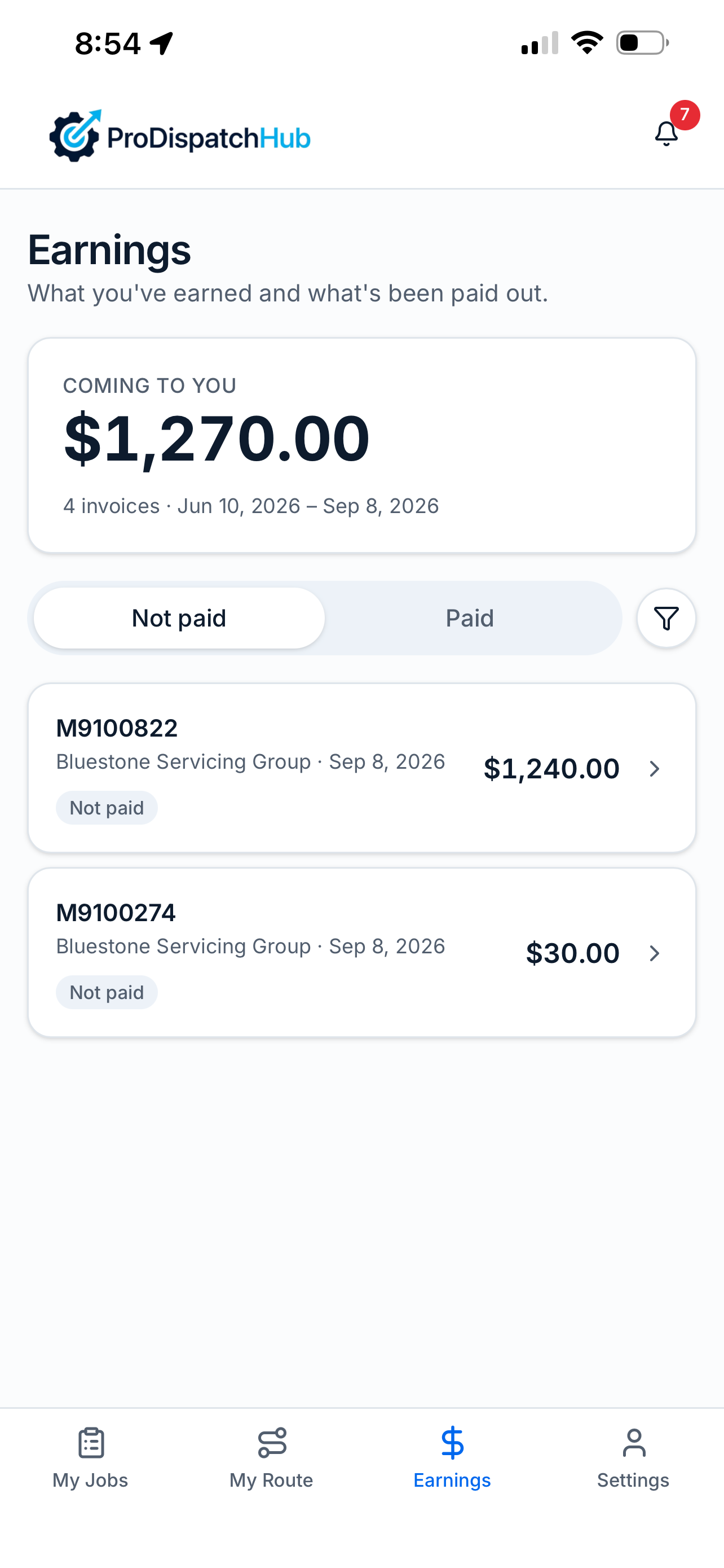 Phone app Earnings overview for field crew