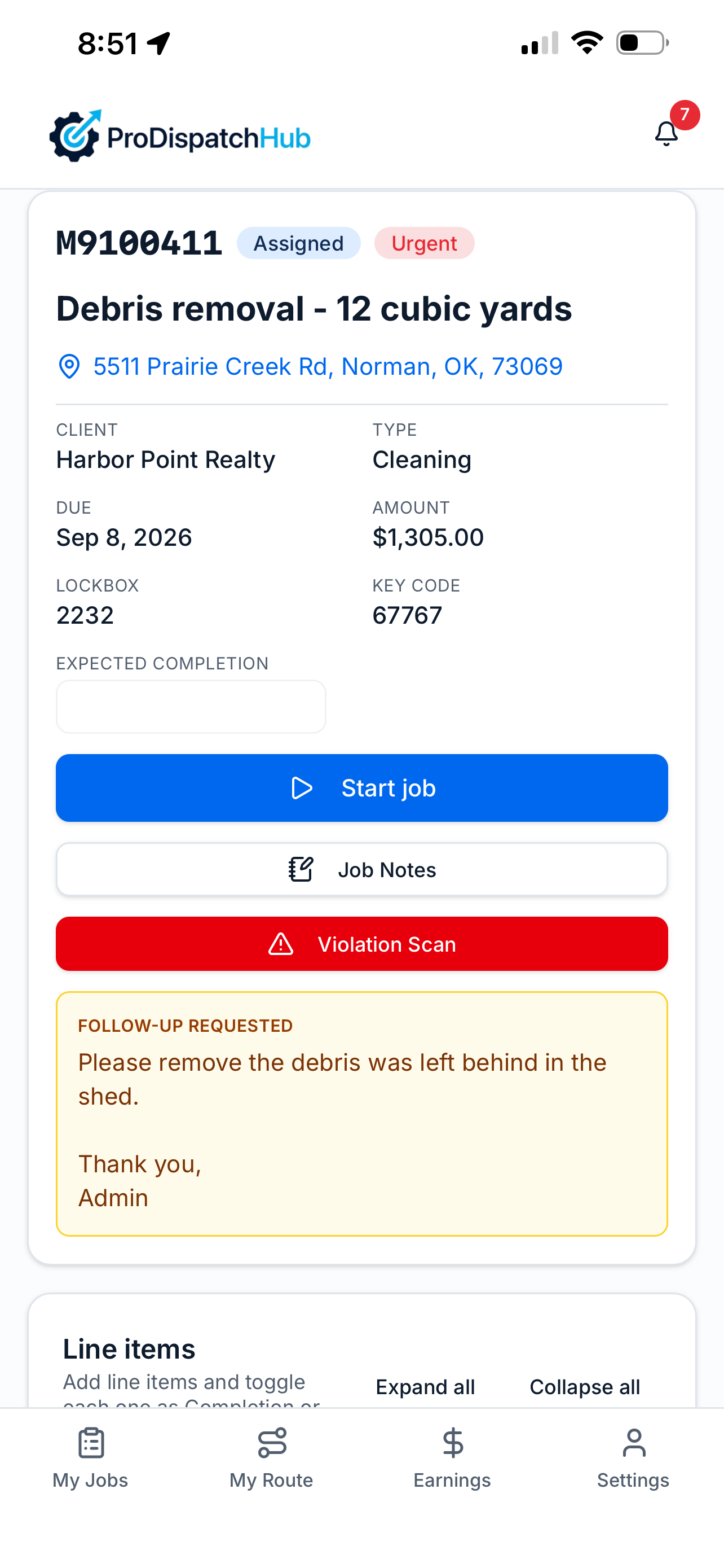 Phone app job detail with Start job action