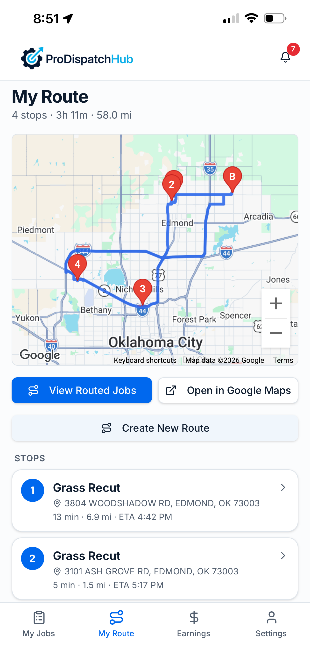 Phone app My Route with map of today’s jobs