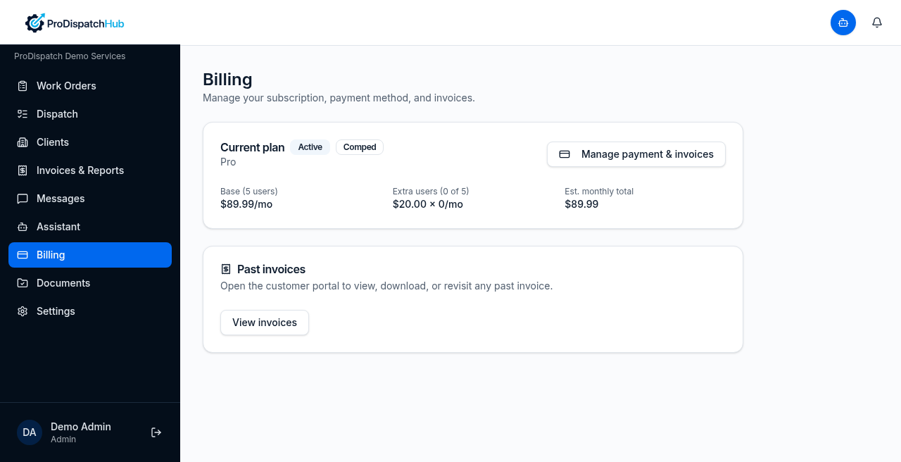 In-app pricing view for Pro Dispatch Hub