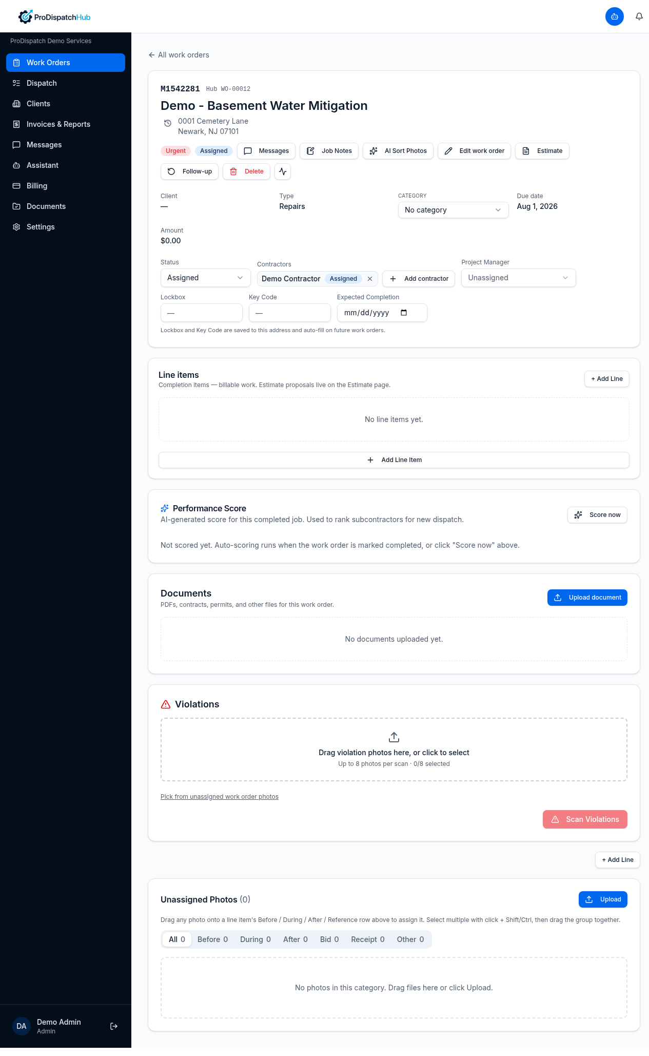 ProDispatchHub work order detail with status, contractors, and property fields